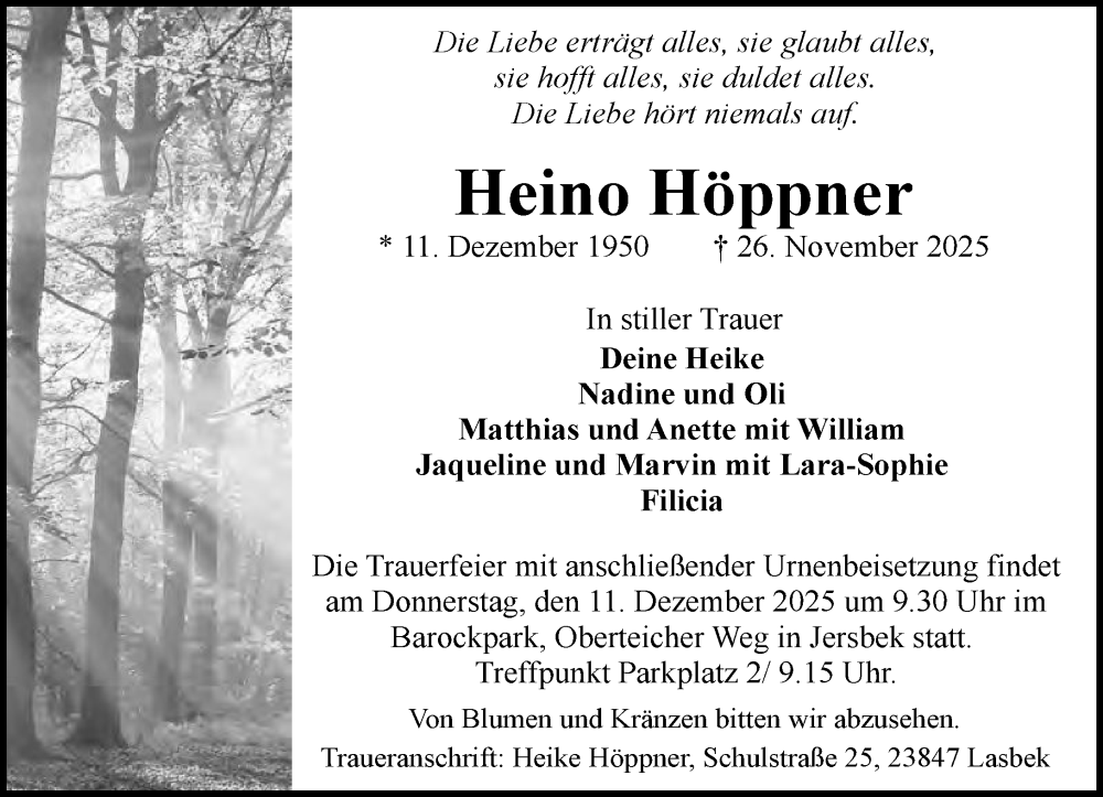  Traueranzeige für Heino Höppner vom 06.12.2025 aus MARKT Bad Oldesloe/Reinfeld, MARKT Ahrensburg/Bargteheide/Trittau und Stormarner Tageblatt