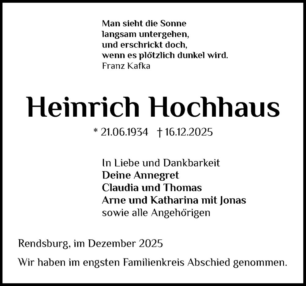  Traueranzeige für Heinrich Hochhaus vom 27.12.2025 aus Schleswig-Holsteinische Landeszeitung