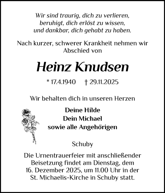 Traueranzeige von Heinz Knudsen von Schleswiger Nachrichten, Schlei-Bote
