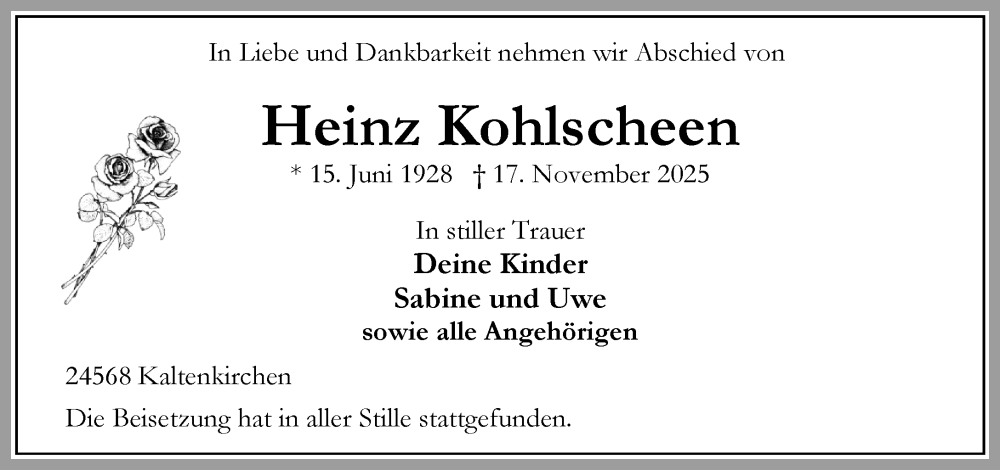  Traueranzeige für Heinz Kohlscheen vom 06.12.2025 aus Umschau