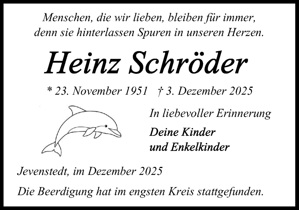  Traueranzeige für Heinz Schröder vom 13.12.2025 aus Schleswig-Holsteinische Landeszeitung