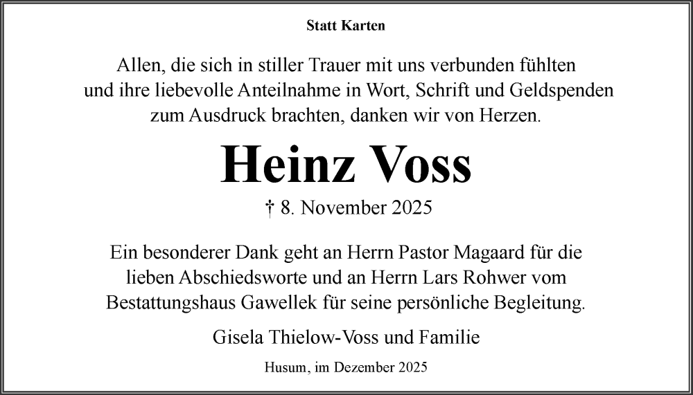  Traueranzeige für Heinz Voss vom 13.12.2025 aus Husumer Nachrichten, Nordfriesland Tageblatt