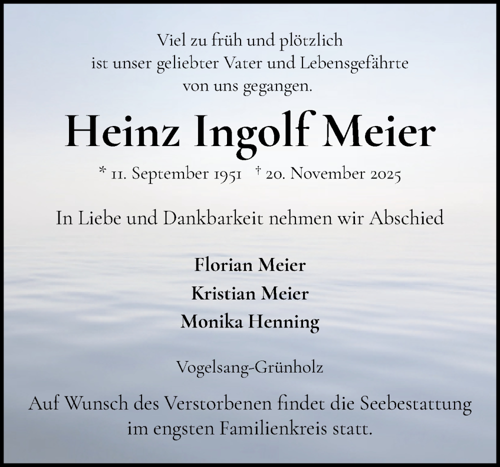  Traueranzeige für Heinz Ingolf Meier vom 06.12.2025 aus Schleswiger Nachrichten, Schlei-Bote, Eckernförder Zeitung