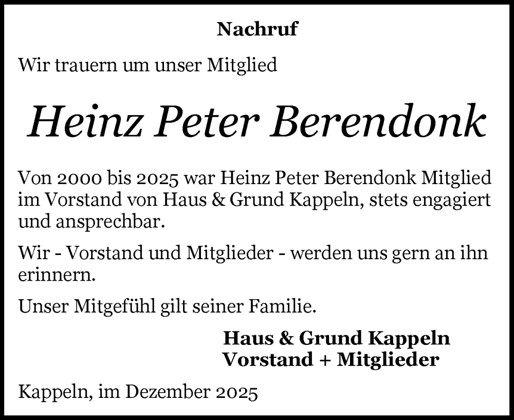  Traueranzeige für Heinz Peter Berendonk vom 16.12.2025 aus Schleswiger Nachrichten, Schlei-Bote