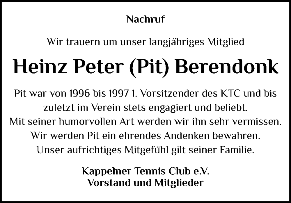  Traueranzeige für Heinz Peter Berendonk vom 10.12.2025 aus Schleswiger Nachrichten, Schlei-Bote