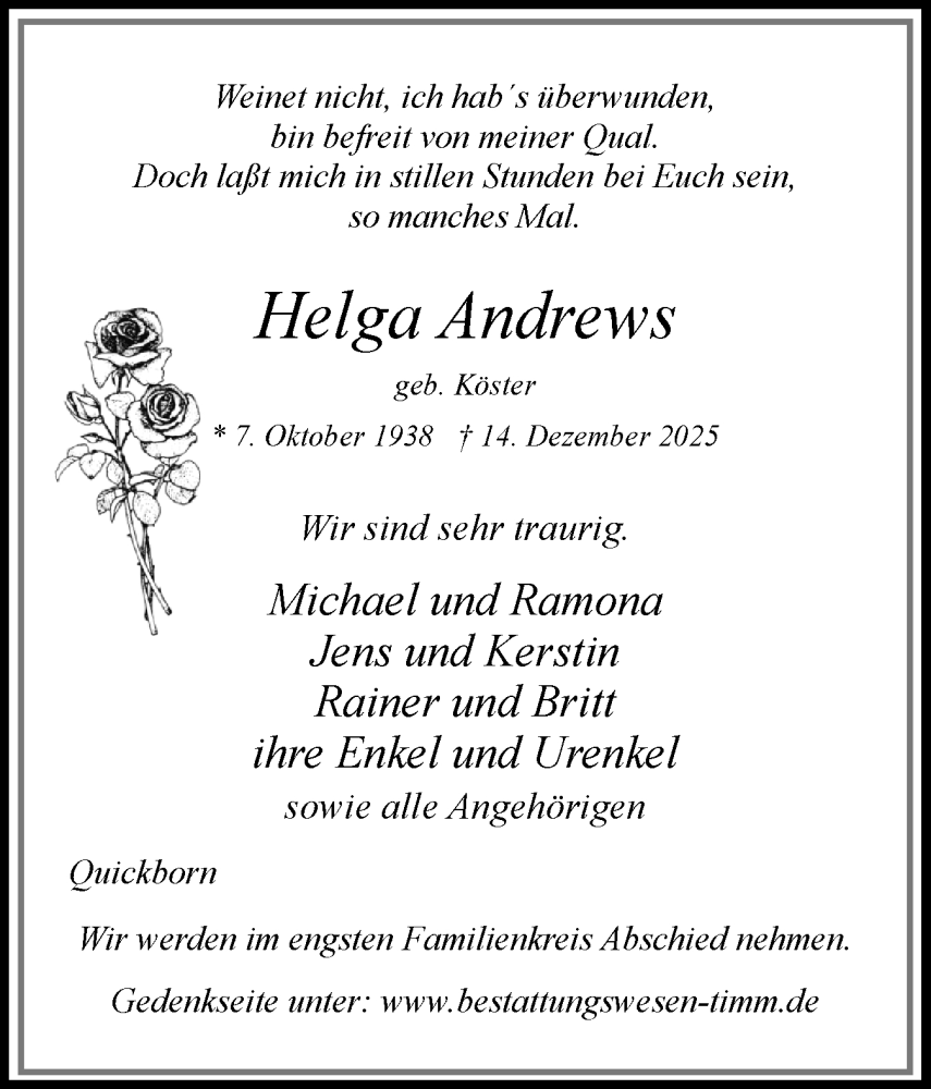  Traueranzeige für Helga Andrews vom 27.12.2025 aus Region Pinneberg und tip Pinneberg