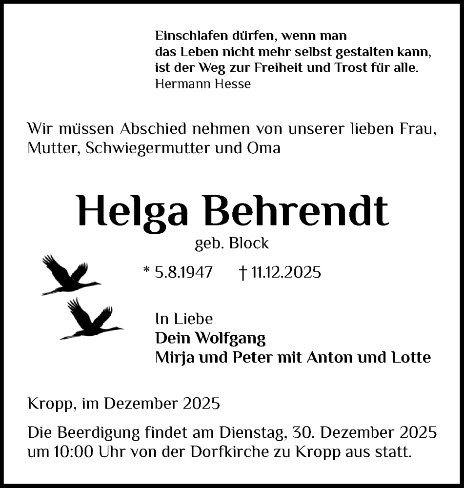  Traueranzeige für Helga Behrendt vom 23.12.2025 aus Schleswig-Holsteinische Landeszeitung