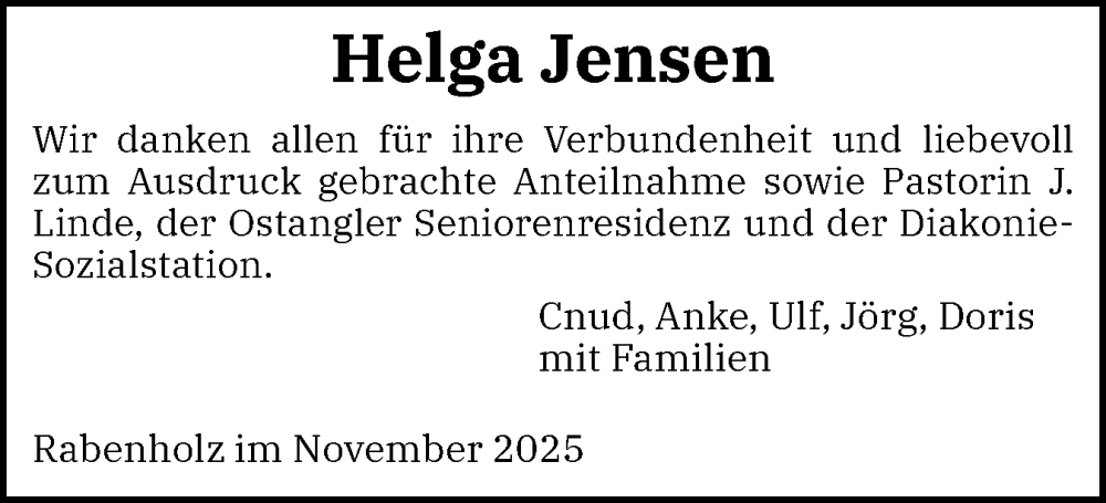  Traueranzeige für Helga Jensen vom 13.12.2025 aus Flensburger Tageblatt, Schleswiger Nachrichten, Schlei-Bote