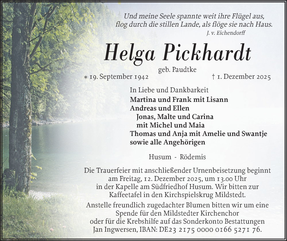  Traueranzeige für Helga Pickhardt vom 05.12.2025 aus Husumer Nachrichten, Nordfriesland Tageblatt