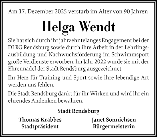 Traueranzeige von Helga Wendt von Schleswig-Holsteinische Landeszeitung