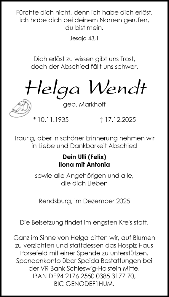  Traueranzeige für Helga Wendt vom 27.12.2025 aus Schleswig-Holsteinische Landeszeitung