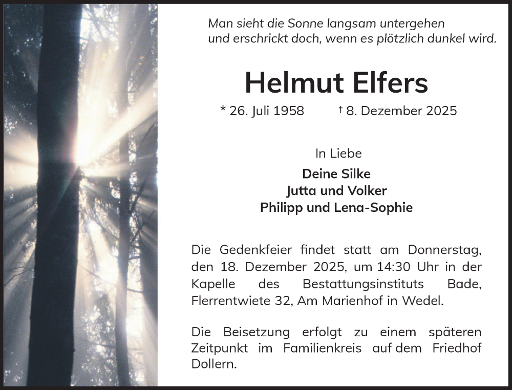  Traueranzeige für Helmut Elfers vom 13.12.2025 aus Wedel-Schulauer Tageblatt, tip Wedel-Schulauer Tageblatt, tip Rissener Rundschau