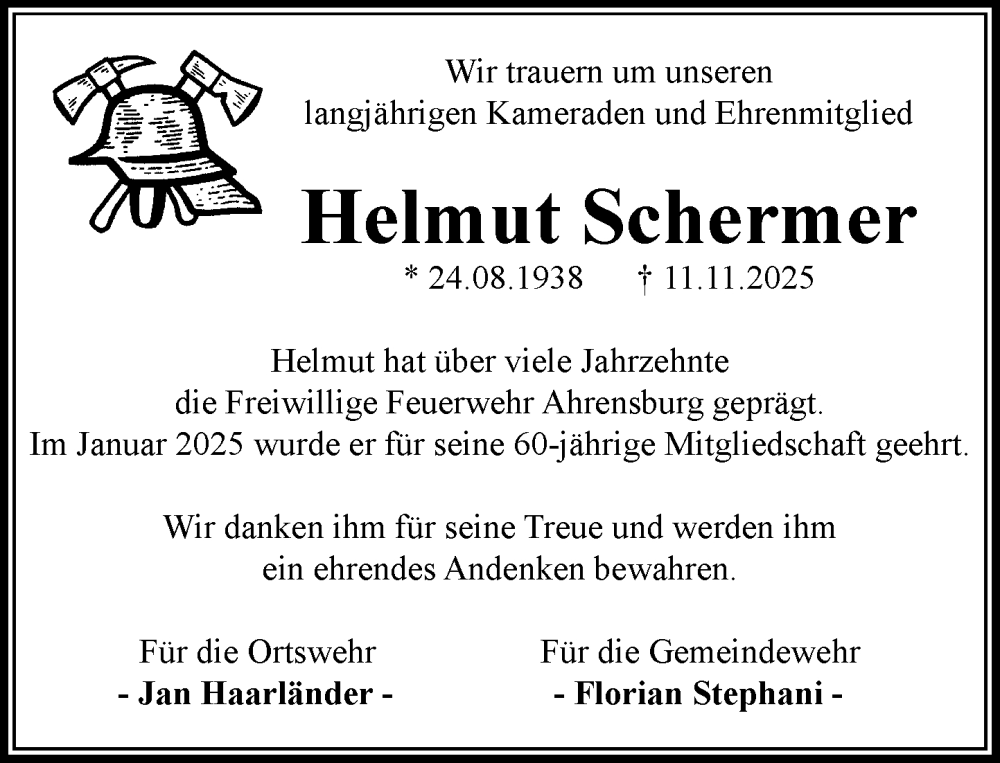  Traueranzeige für Helmut Schermer vom 06.12.2025 aus MARKT Ahrensburg/Bargteheide/Trittau und Stormarner Tageblatt