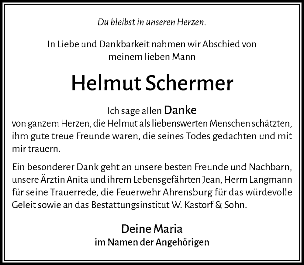  Traueranzeige für Helmut Schermer vom 13.12.2025 aus MARKT Ahrensburg/Bargteheide/Trittau und Stormarner Tageblatt