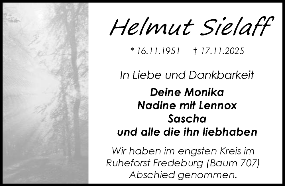  Traueranzeige für Helmut Sielaff vom 13.12.2025 aus MARKT Ratzeburg/Mölln