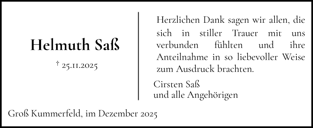  Traueranzeige für Helmuth Saß vom 27.12.2025 aus Holsteinischer Courier