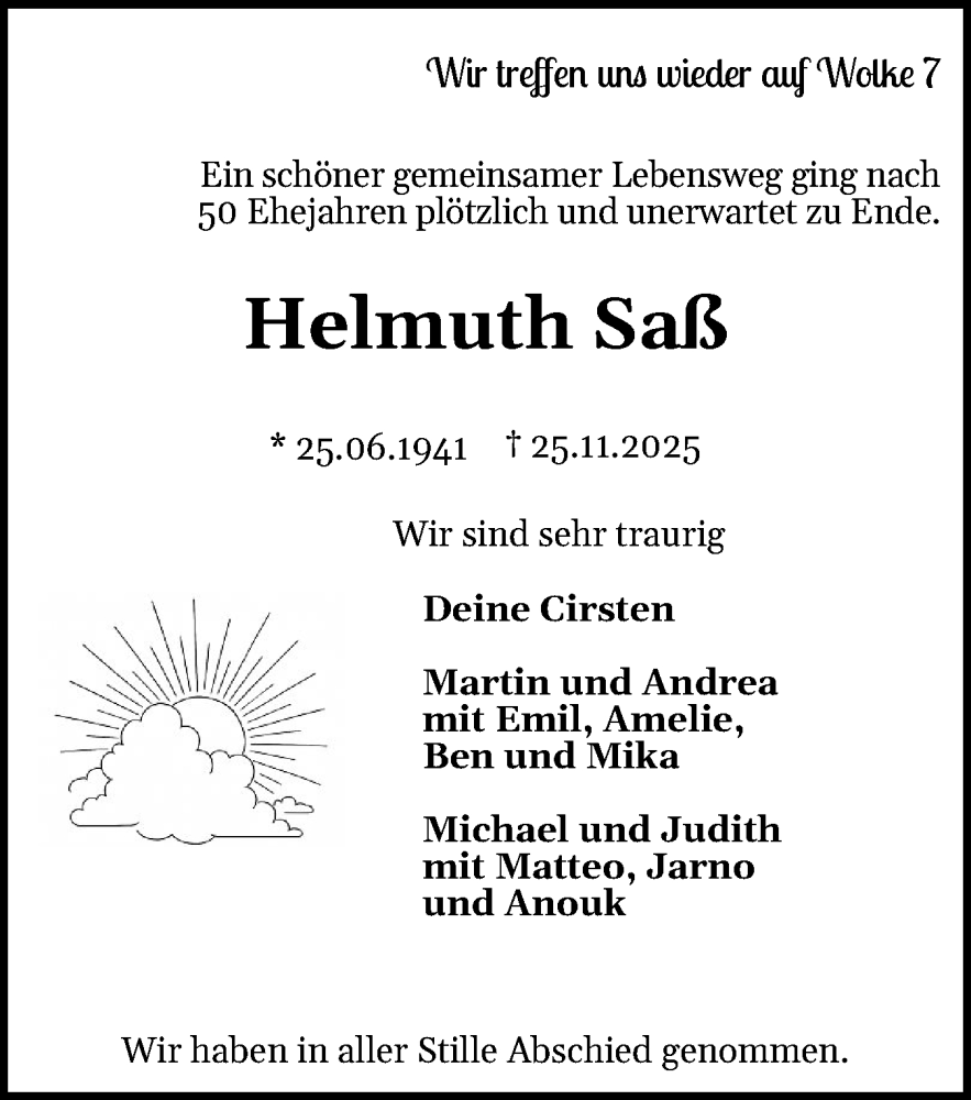  Traueranzeige für Helmuth Saß vom 13.12.2025 aus Holsteinischer Courier