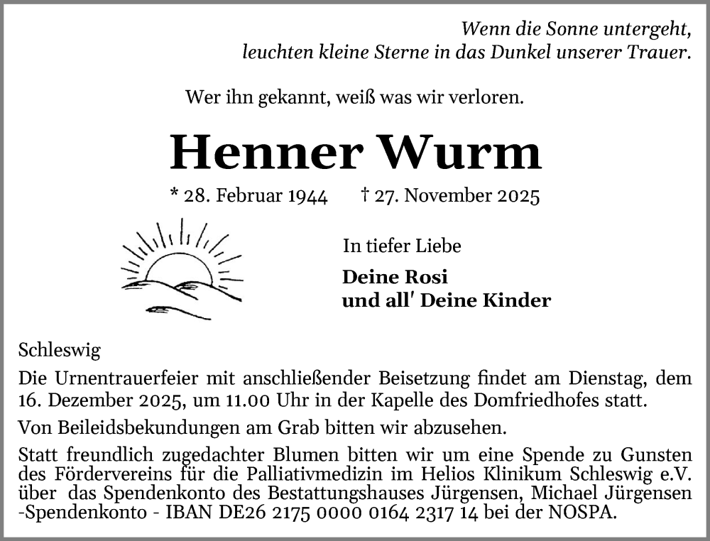  Traueranzeige für Henner Wurm vom 06.12.2025 aus Schleswiger Nachrichten, Schlei-Bote