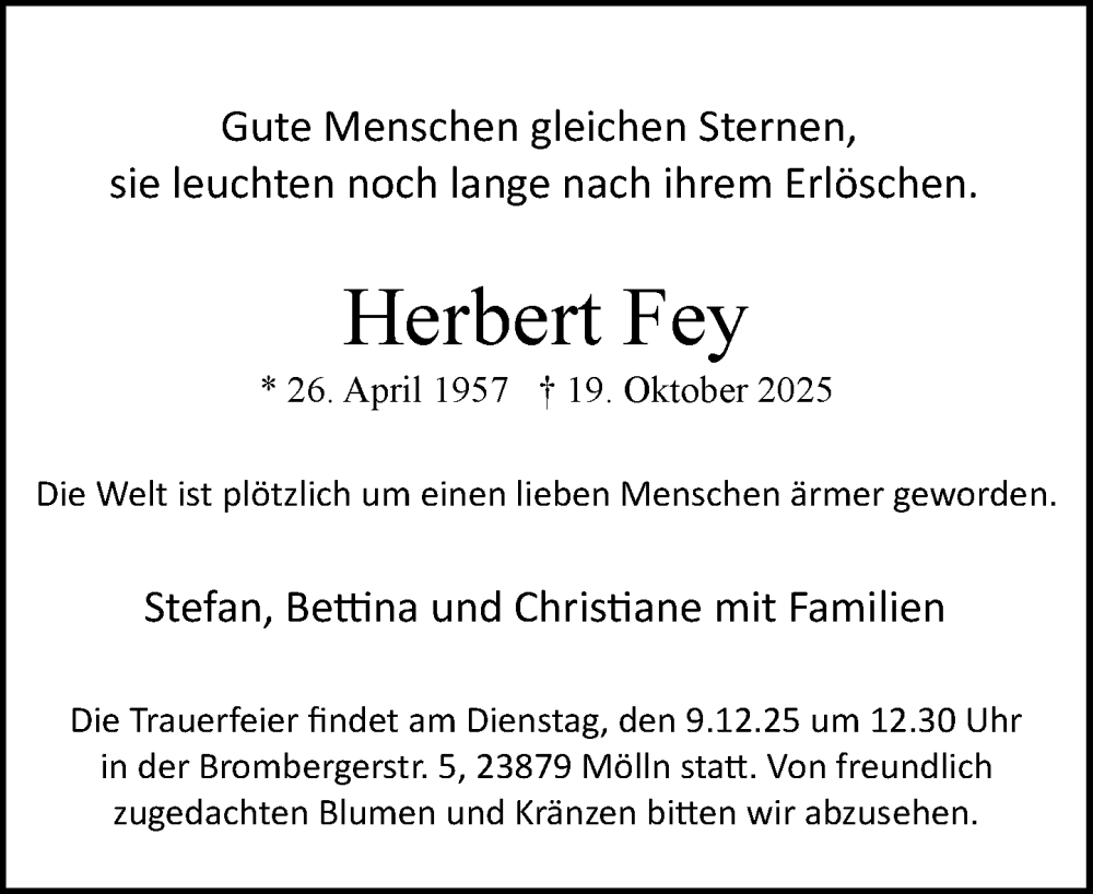  Traueranzeige für Herbert Fey vom 06.12.2025 aus MARKT Ratzeburg/Mölln
