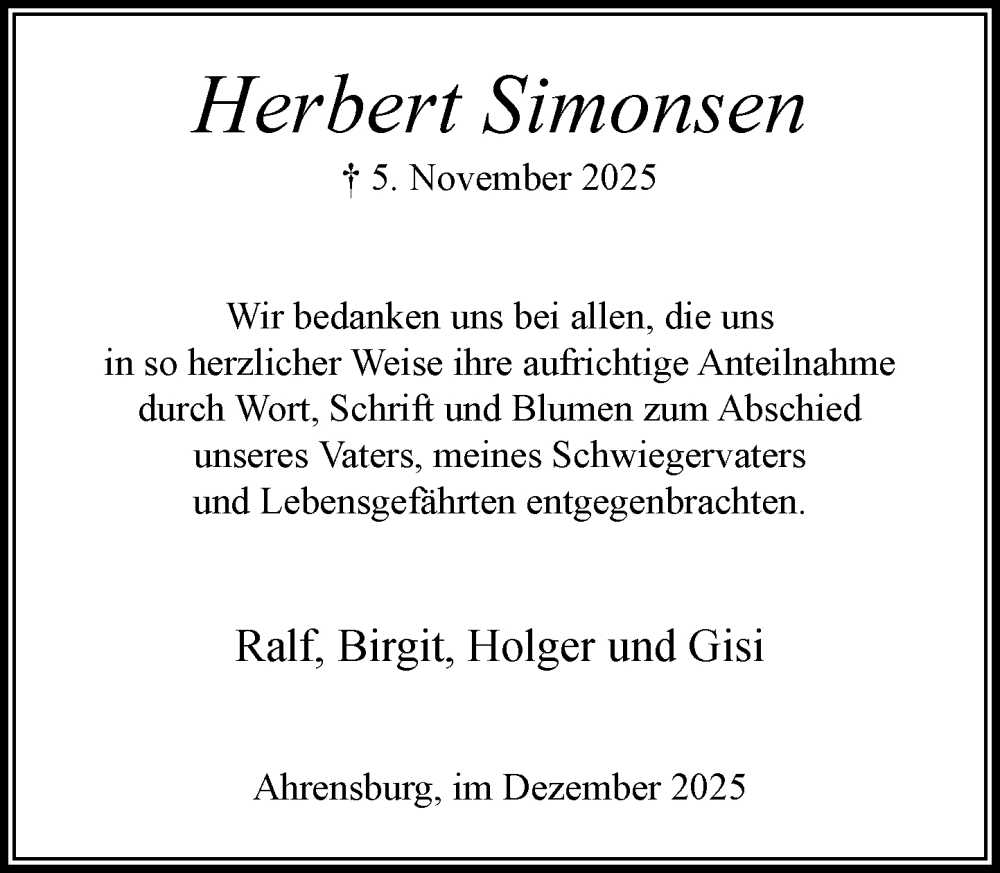  Traueranzeige für Herbert Simonsen vom 20.12.2025 aus MARKT Ahrensburg/Bargteheide/Trittau und Stormarner Tageblatt