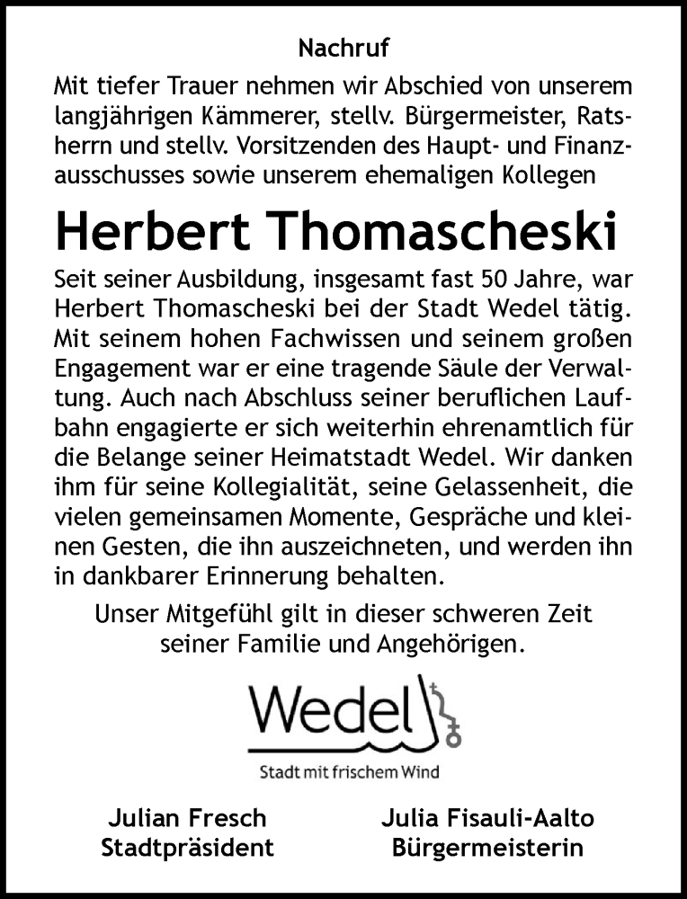  Traueranzeige für Herbert Thomascheski vom 20.12.2025 aus Wedel-Schulauer Tageblatt, tip Wedel-Schulauer Tageblatt, tip Rissener Rundschau
