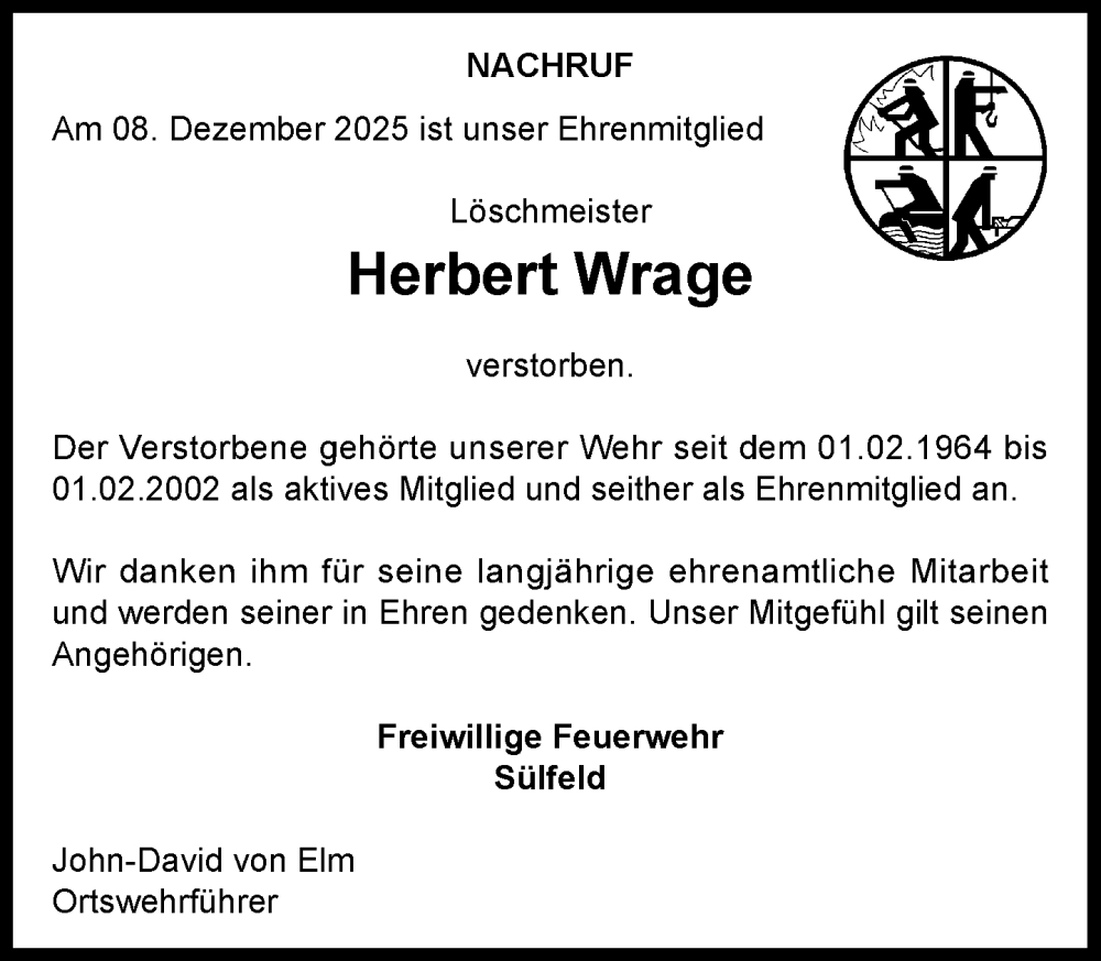  Traueranzeige für Herbert Wrage vom 20.12.2025 aus MARKT Ahrensburg/Bargteheide/Trittau und Stormarner Tageblatt
