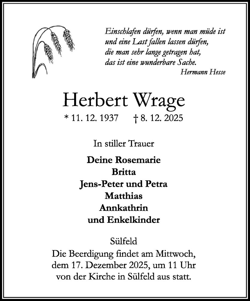  Traueranzeige für Herbert Wrage vom 13.12.2025 aus MARKT Ahrensburg/Bargteheide/Trittau und Stormarner Tageblatt