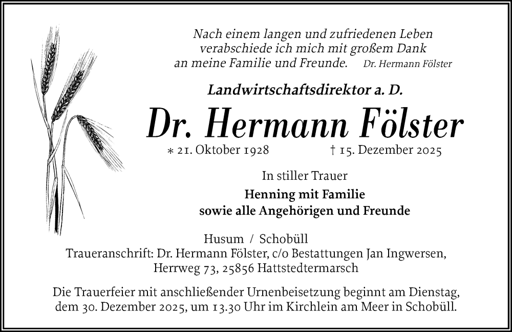  Traueranzeige für Hermann Fölster vom 20.12.2025 aus Husumer Nachrichten, Nordfriesland Tageblatt