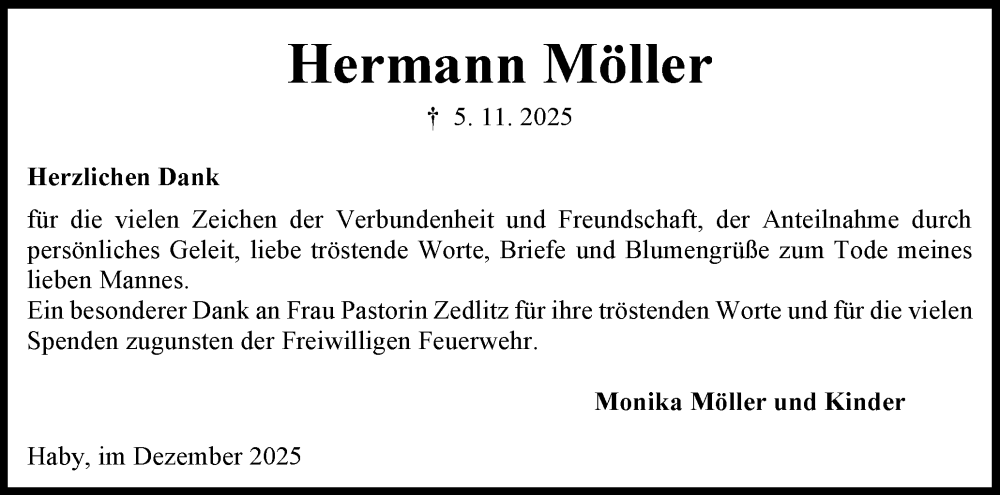  Traueranzeige für Hermann Möller vom 13.12.2025 aus Eckernförder Zeitung, Hallo Eckernförde