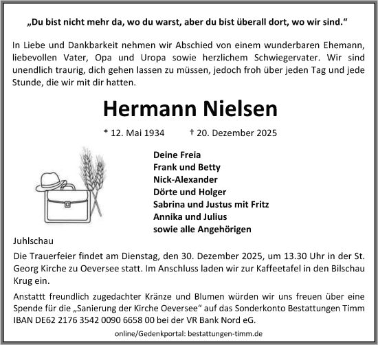 Traueranzeige von Hermann Nielsen von Flensburger Tageblatt, Schleswiger Nachrichten, Schlei-Bote