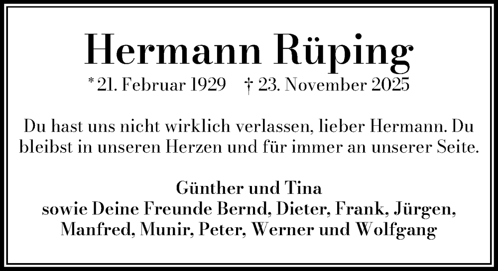  Traueranzeige für Hermann Rüping vom 06.12.2025 aus Heimatspiegel