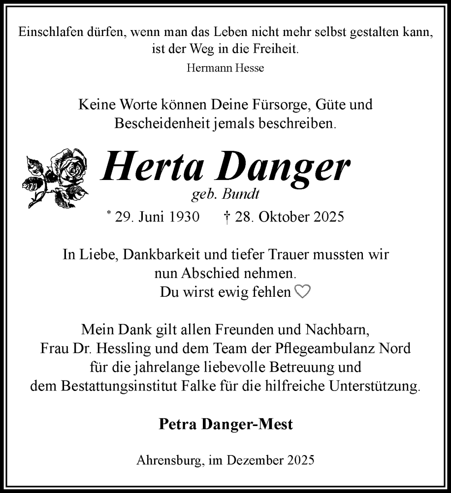  Traueranzeige für Herta Danger vom 06.12.2025 aus MARKT Ahrensburg/Bargteheide/Trittau und Stormarner Tageblatt