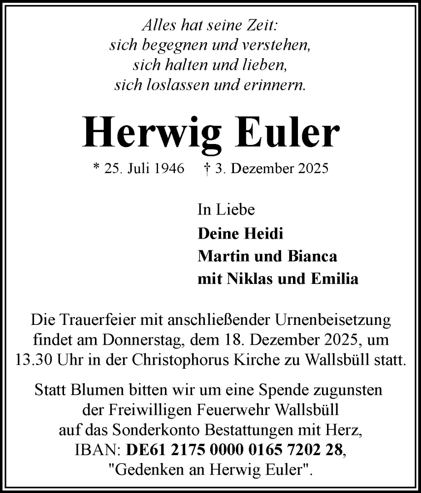  Traueranzeige für Herwig Euler vom 13.12.2025 aus Flensburger Tageblatt