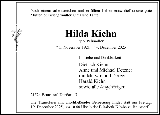 Traueranzeige von Hilda Kiehn von Wochenend Anzeiger