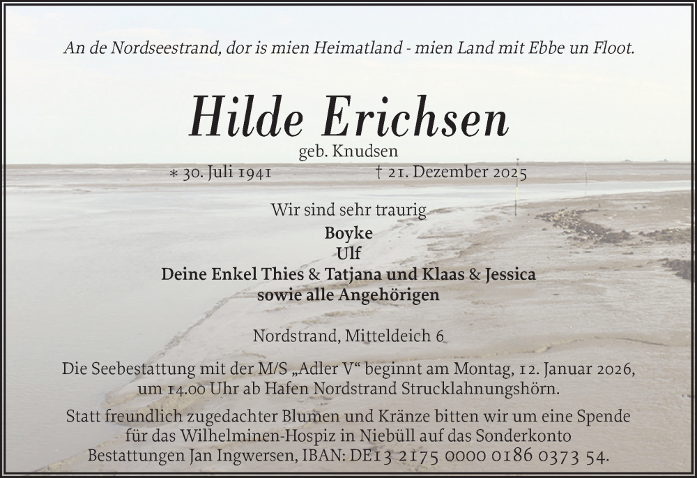  Traueranzeige für Hilde Erichsen vom 27.12.2025 aus Husumer Nachrichten, Nordfriesland Tageblatt