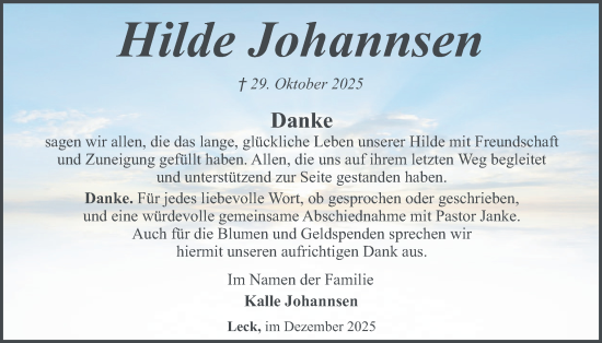 Traueranzeige von Hilde Johannsen von Husumer Nachrichten, Nordfriesland Tageblatt