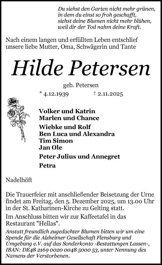 Traueranzeige von Hilde Petersen von Flensburger Tageblatt