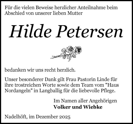 Traueranzeige von Hilde Petersen von Flensburger Tageblatt