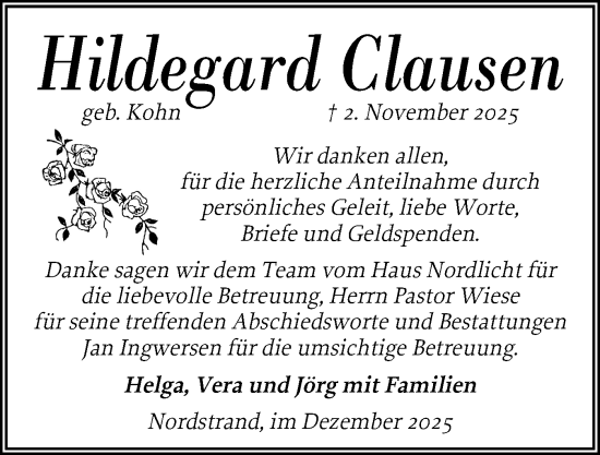 Traueranzeige von Hildegard Clausen von Husumer Nachrichten, Nordfriesland Tageblatt