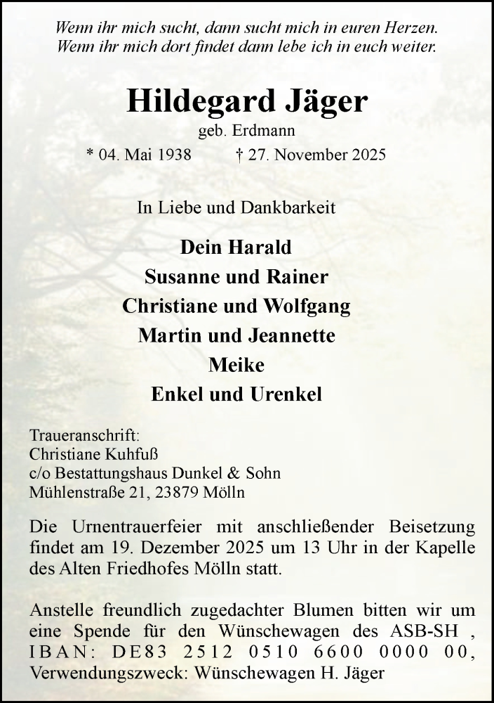  Traueranzeige für Hildegard Jäger vom 13.12.2025 aus MARKT Ratzeburg/Mölln