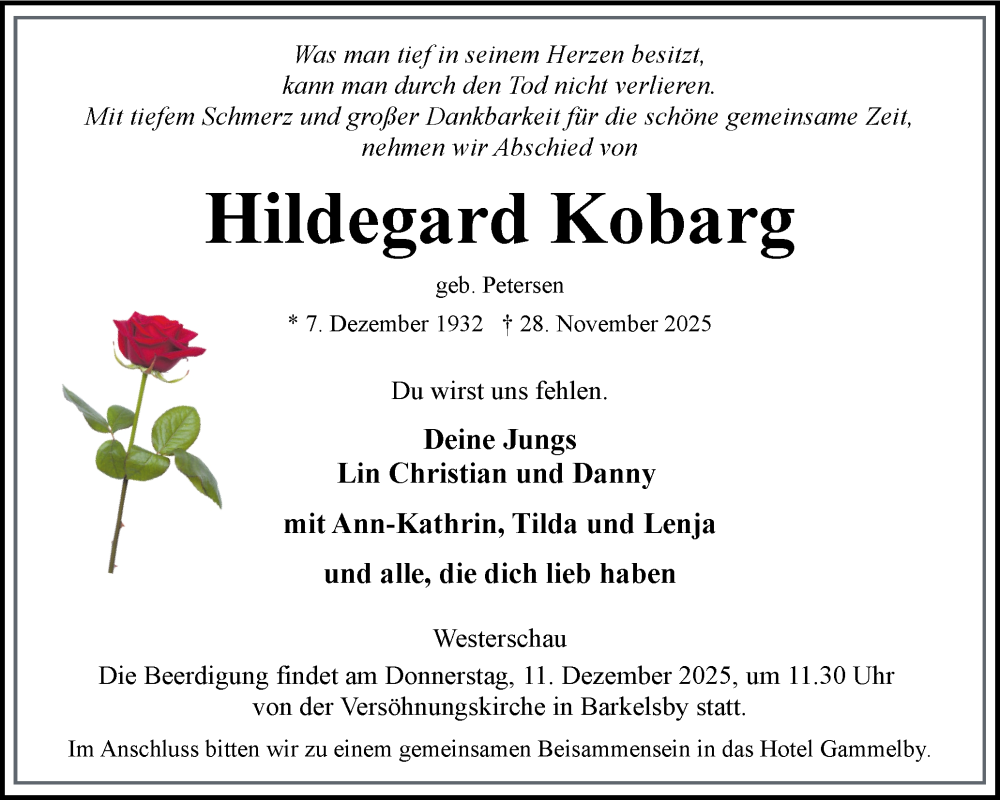  Traueranzeige für Hildegard Kobarg vom 06.12.2025 aus Eckernförder Zeitung, Hallo Eckernförde