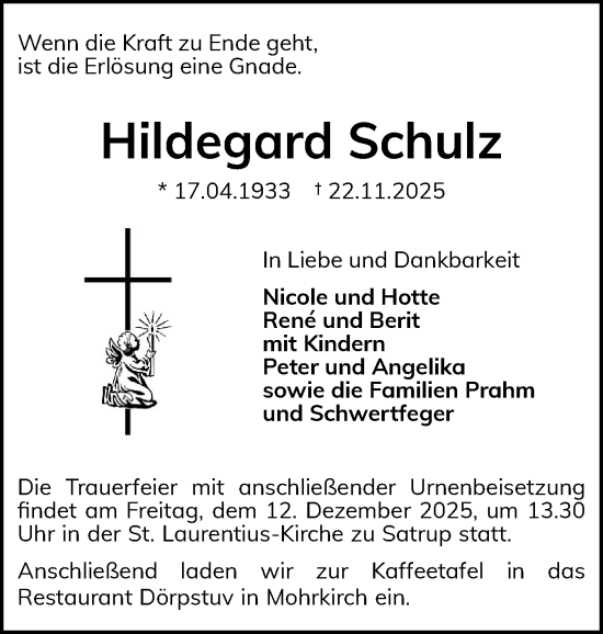 Traueranzeige von Hildegard Schulz von Flensburger Tageblatt
