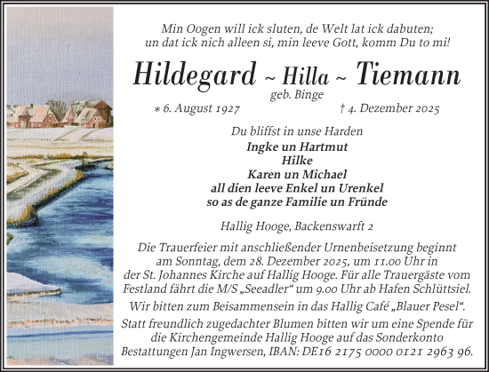 Traueranzeige von Hildegard Tiemann von Husumer Nachrichten, Nordfriesland Tageblatt