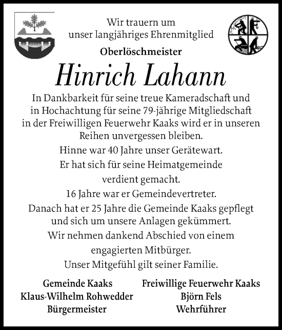 Traueranzeige von Hinrich Lahann von Norddeutsche Rundschau, Wilstersche Zeitung, Glückstädter Fortuna