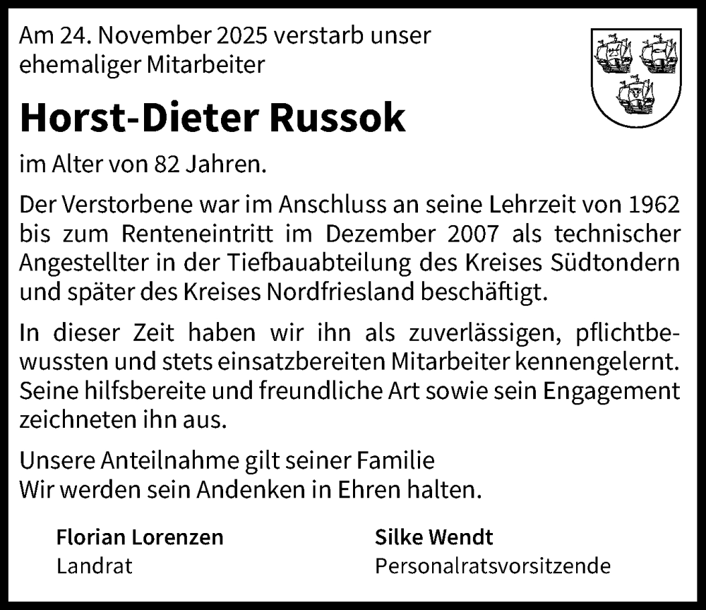  Traueranzeige für Horst-Dieter Russok vom 11.12.2025 aus Husumer Nachrichten, Nordfriesland Tageblatt
