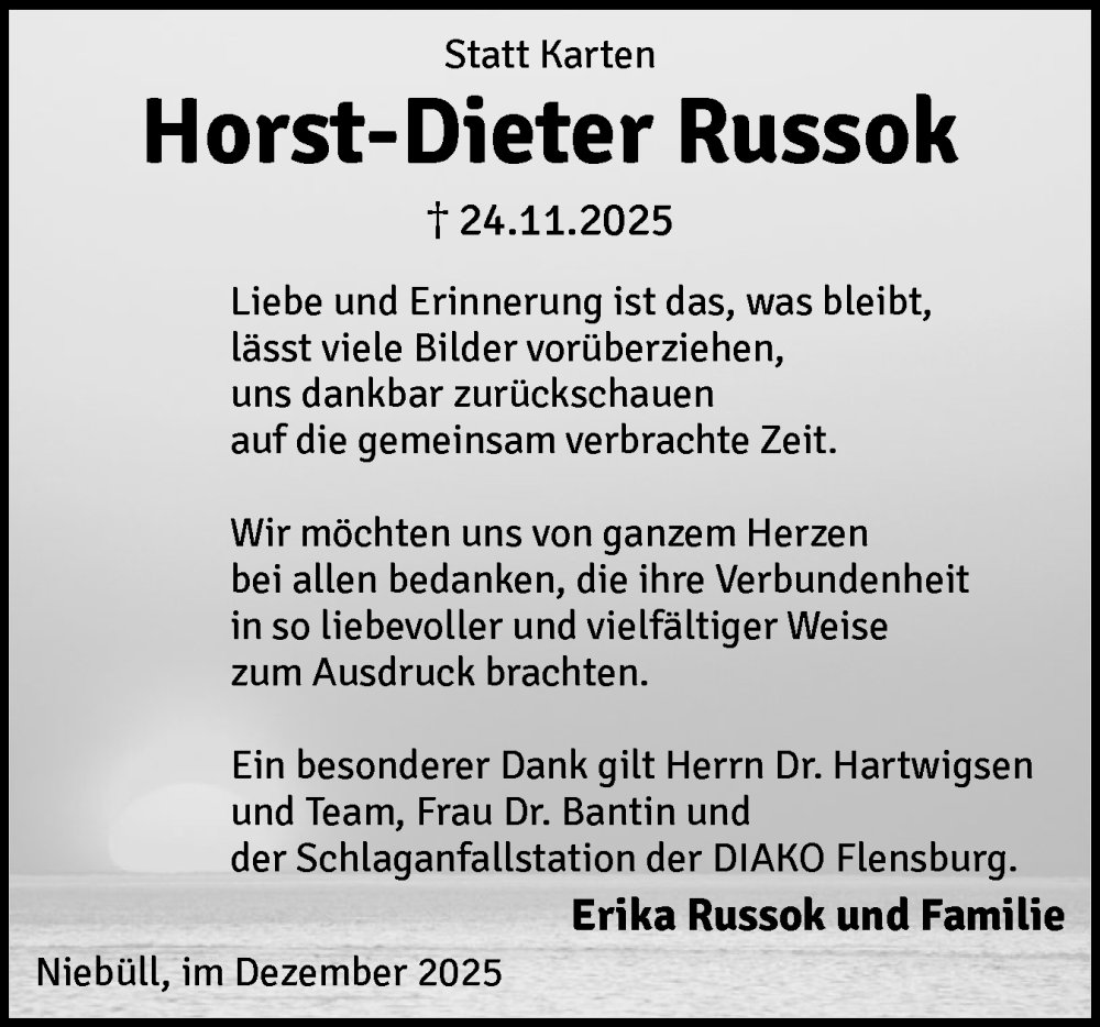 Traueranzeige für Horst-Dieter Russok vom 20.12.2025 aus Husumer Nachrichten, Nordfriesland Tageblatt