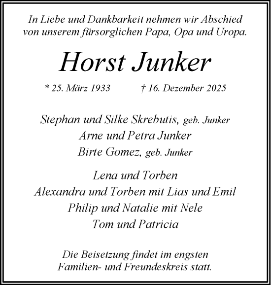 Traueranzeige von Horst Junker von Region Pinneberg und tip Pinneberg