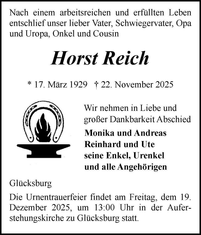  Traueranzeige für Horst Reich vom 06.12.2025 aus Flensburger Tageblatt