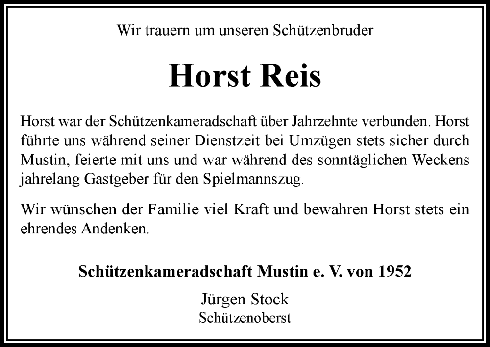  Traueranzeige für Horst Reis vom 13.12.2025 aus MARKT Ratzeburg/Mölln
