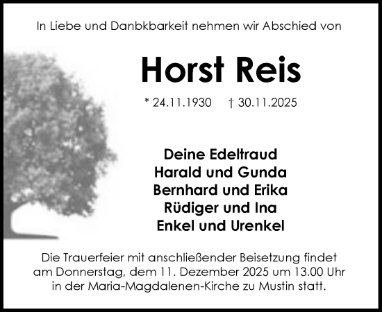 Traueranzeige von Horst Reis von MARKT Ratzeburg/Mölln